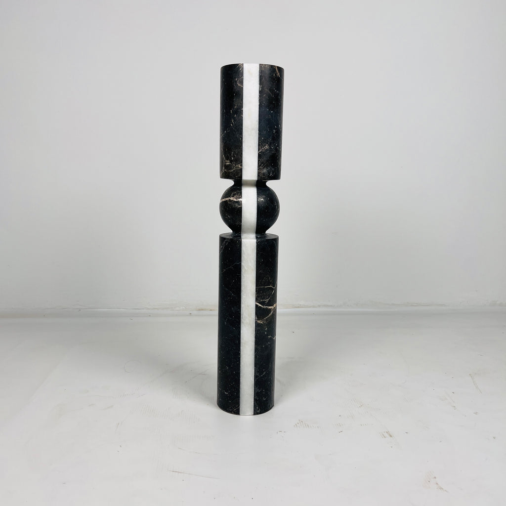 Ball Bulged Black And White Striped Marble Candle Stand (Large)