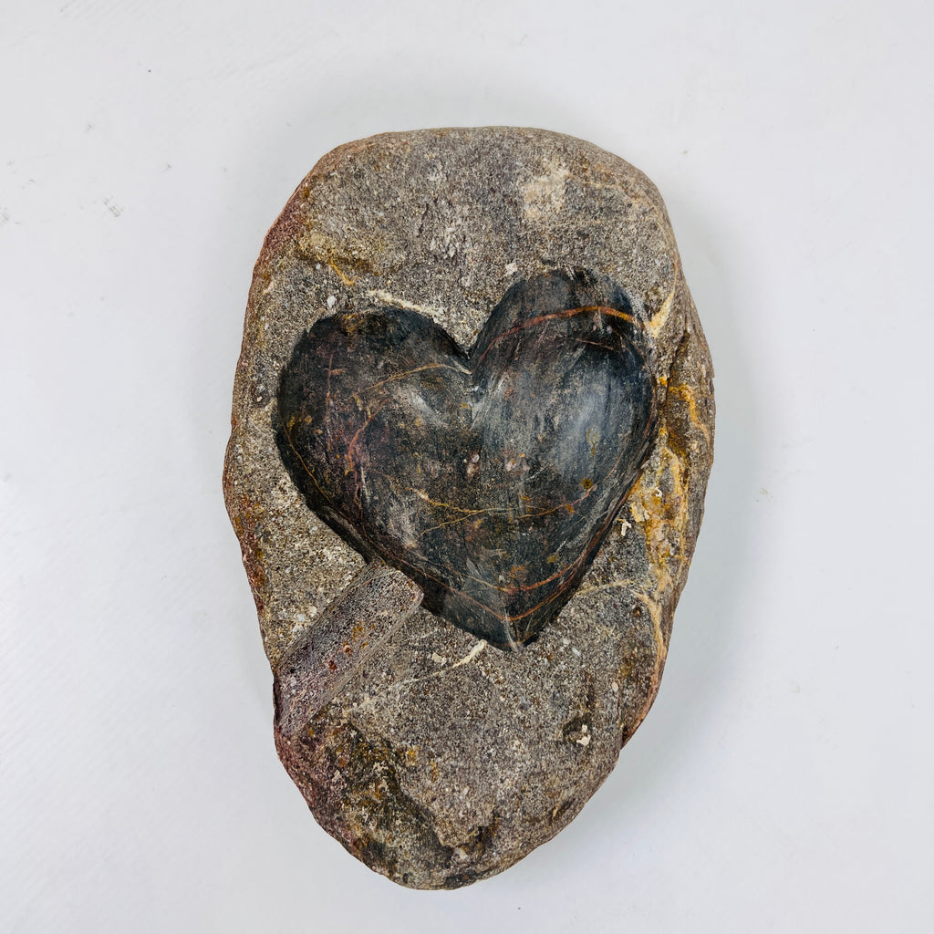 River Stone Heart Carved Brown Ash Tray