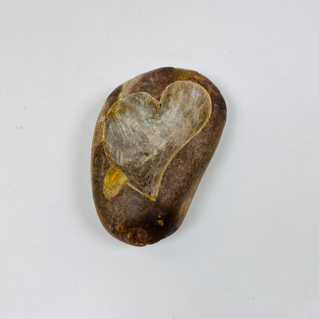 River Stone Heart Carved Mustard Lined Ash Tray