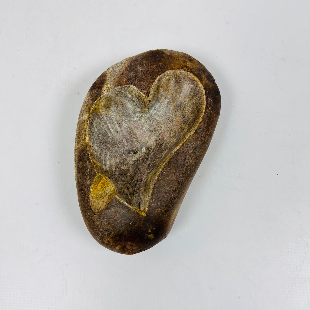 River Stone Heart Carved Mustard Lined Ash Tray