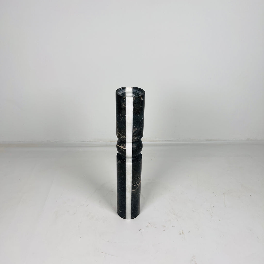 Ball Bulged Black And White Striped Marble Candle Stand (Large)