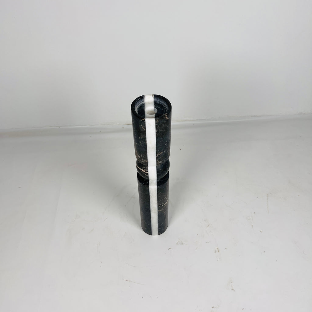 Ball Bulged Black And White Striped Marble Candle Stand (Large)