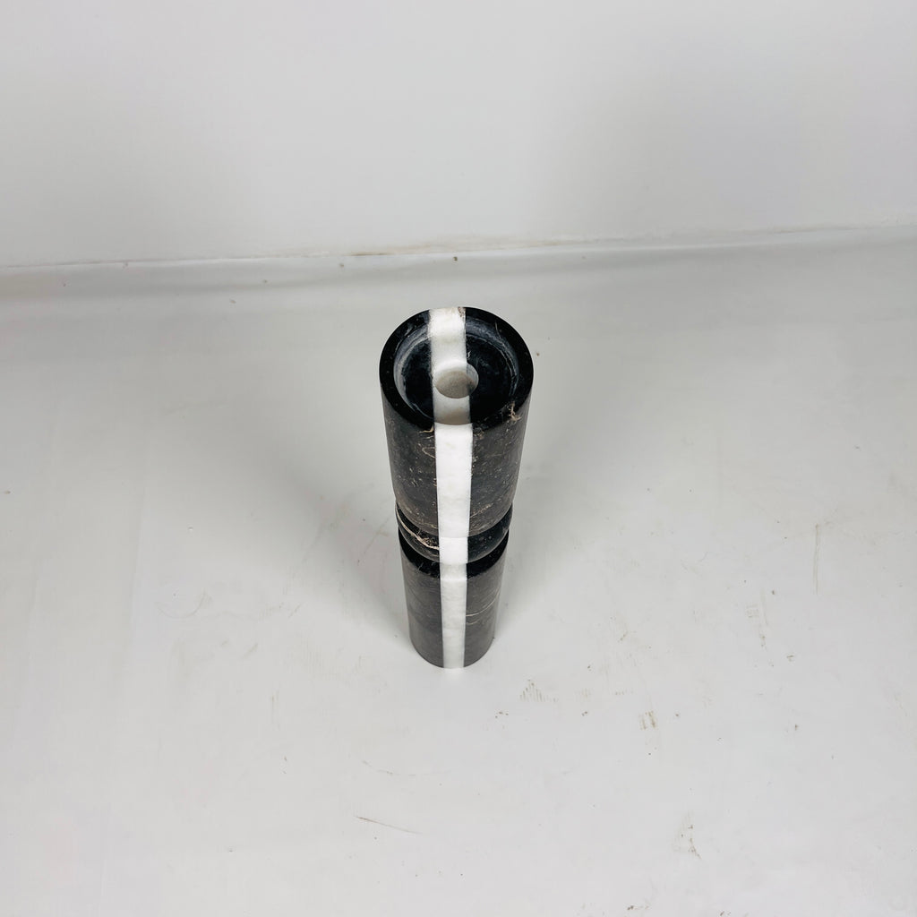 Ball Bulged Black And White Striped Marble Candle Stand (Large)