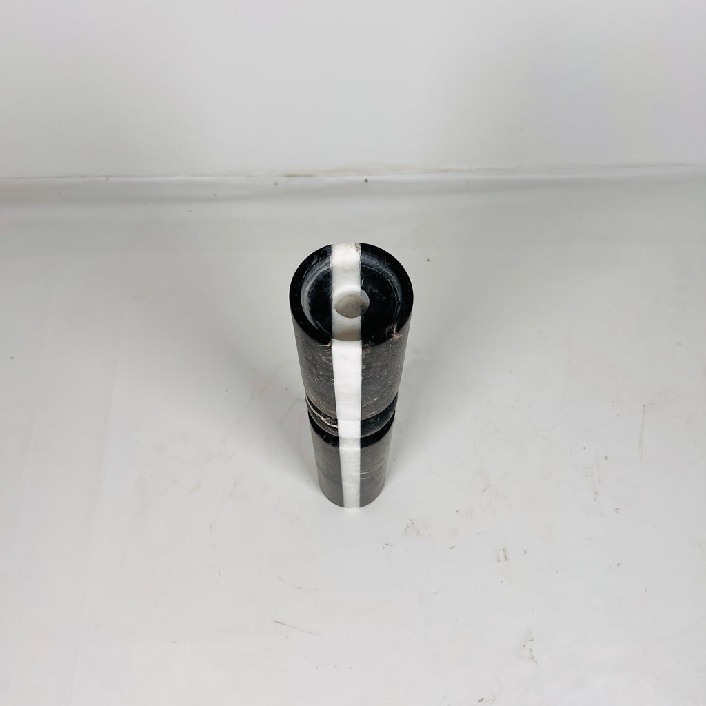 Ball Bulged Black And White Striped Marble Candle Stand (Large)