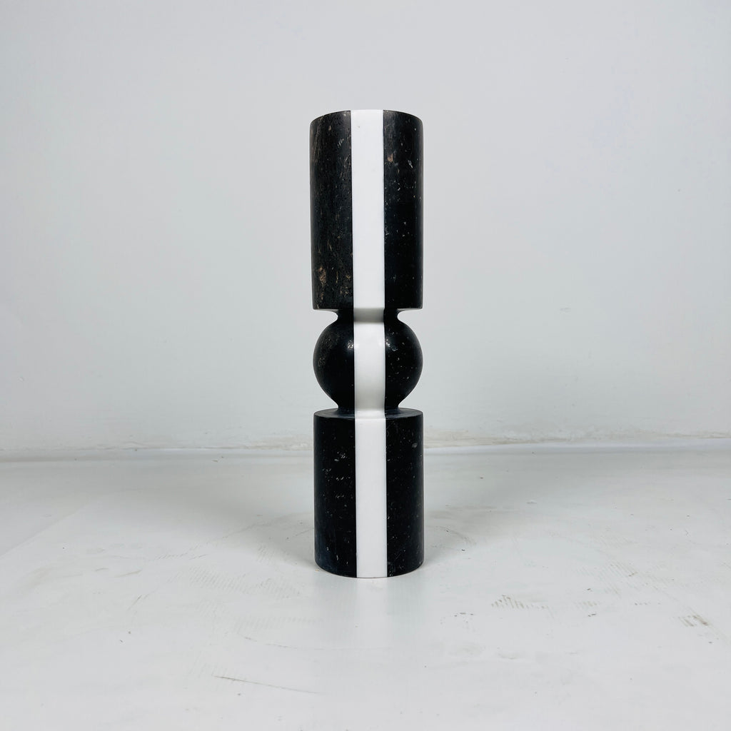 Ball Bulged Black And White Striped Marble Candle Stand (Small)