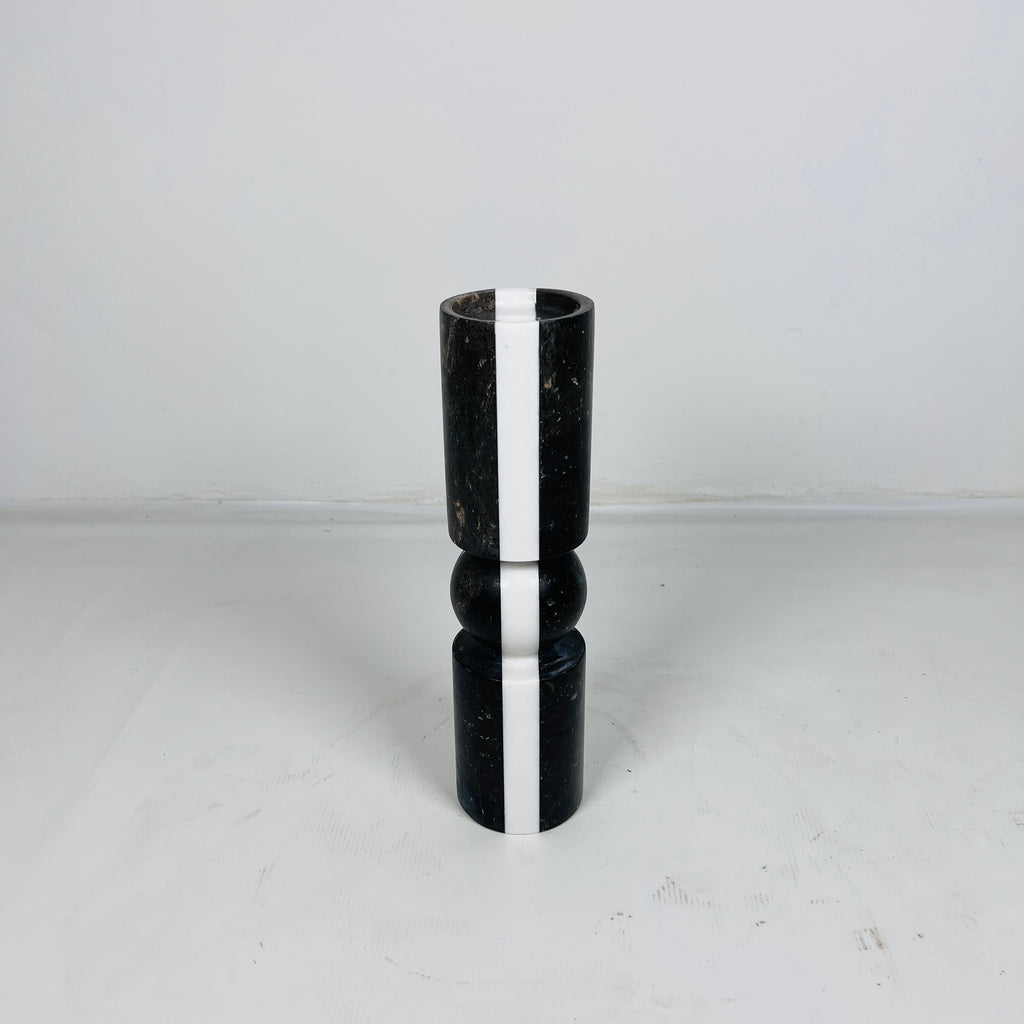 Ball Bulged Black And White Striped Marble Candle Stand (Small)