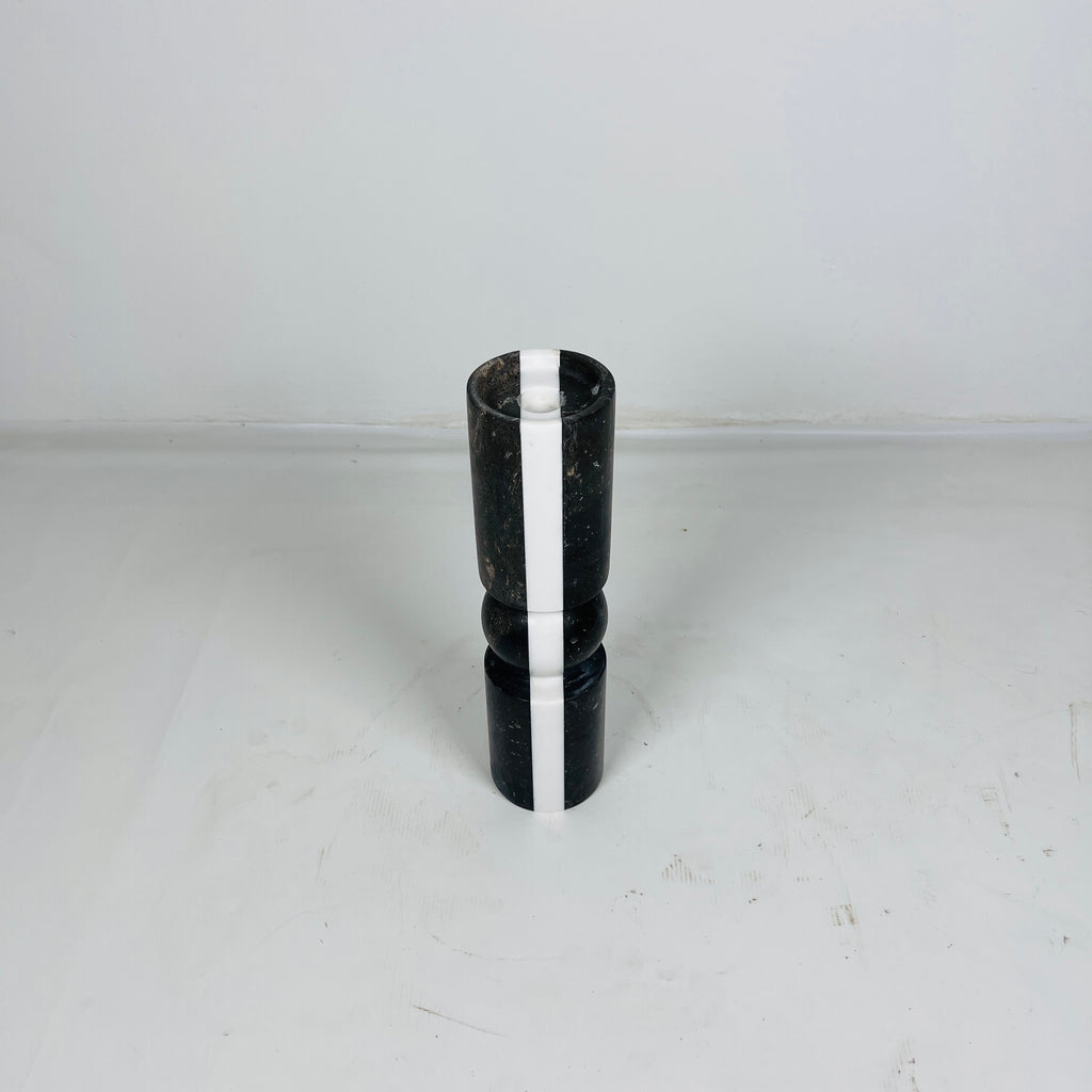 Ball Bulged Black And White Striped Marble Candle Stand (Small)