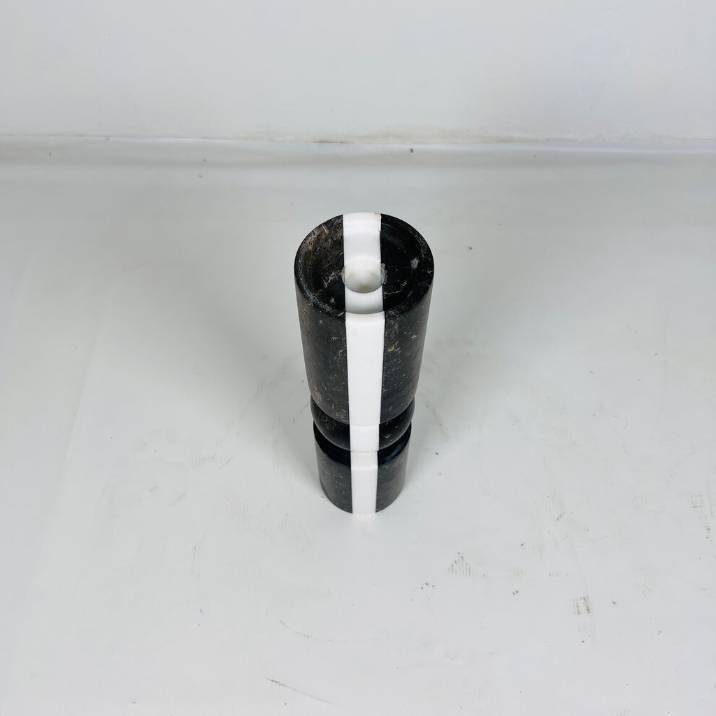 Ball Bulged Black And White Striped Marble Candle Stand (Small)