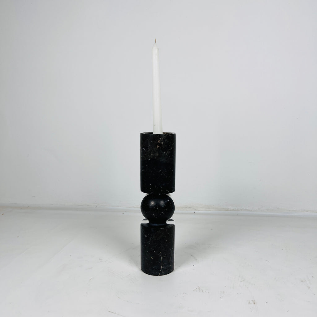 Ball Bulged Black And White Striped Marble Candle Stand (Small)