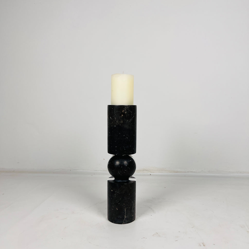 Ball Bulged Black And White Striped Marble Candle Stand (Small)