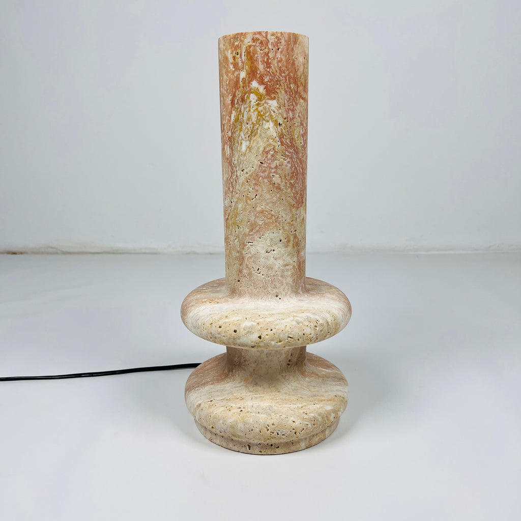 Red And Beige Double Ringed Bottom Travertine Table Lamp