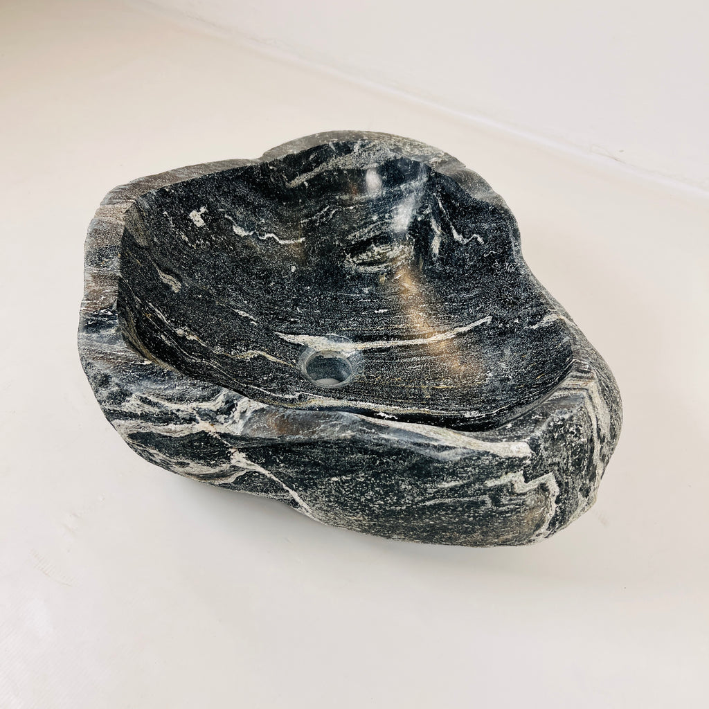 White Lined Black Spotted River Stone Sink