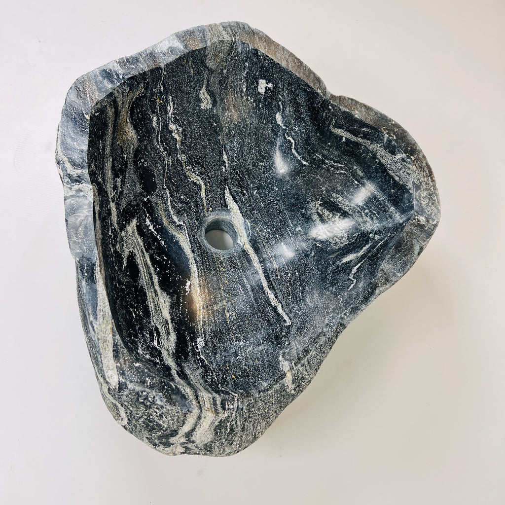 White Lined Black Spotted River Stone Sink