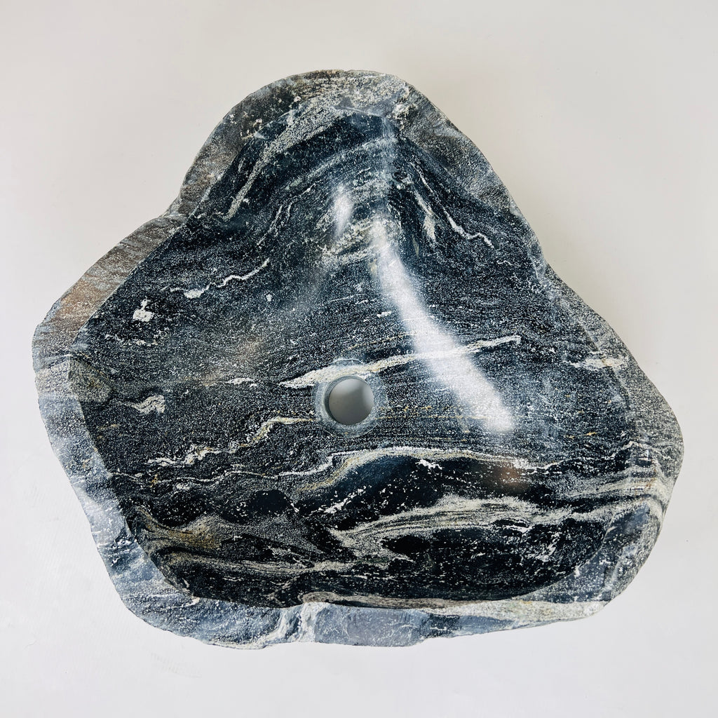 White Lined Black Spotted River Stone Sink