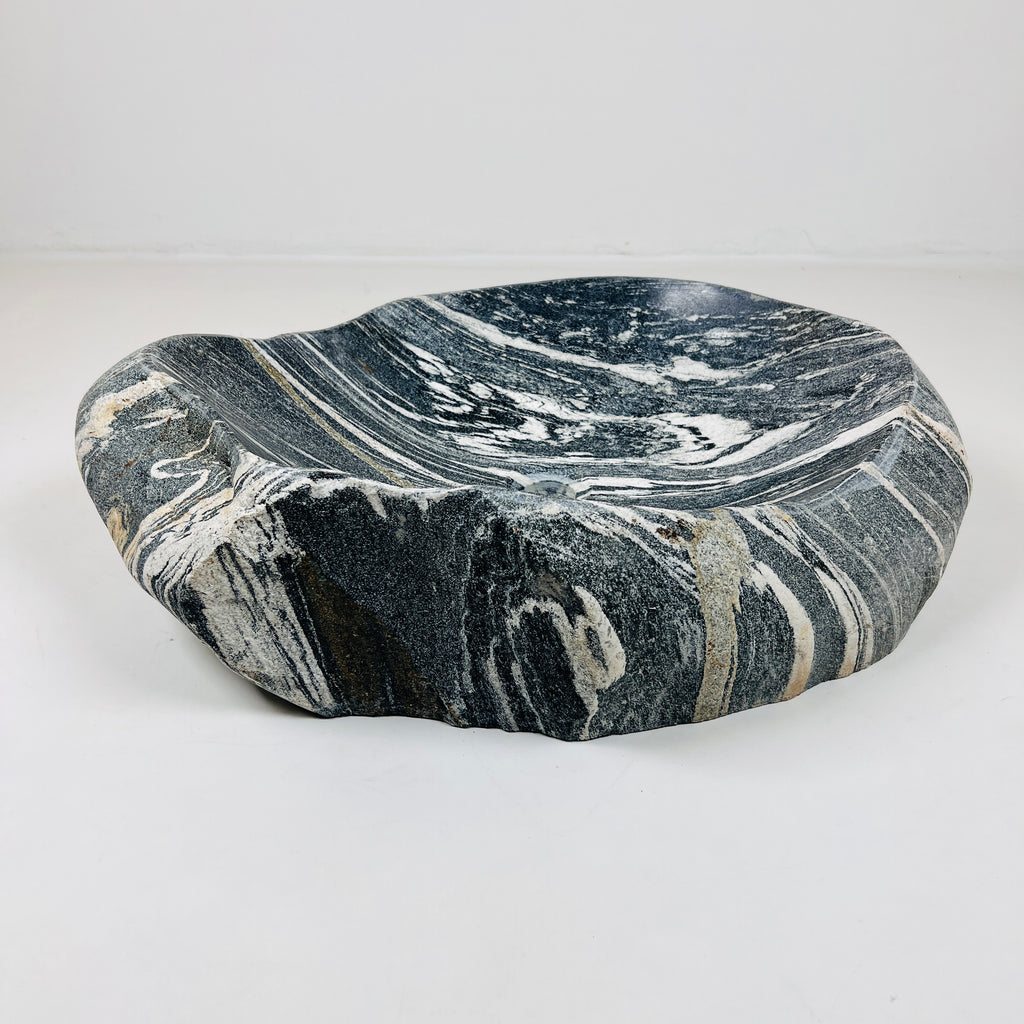 White Lined Black River Stone Sink