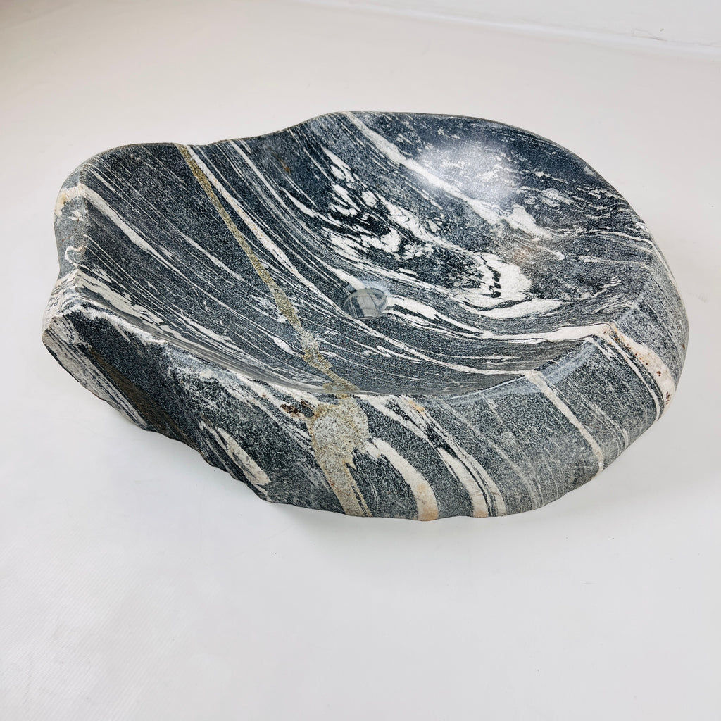 White Lined Black River Stone Sink