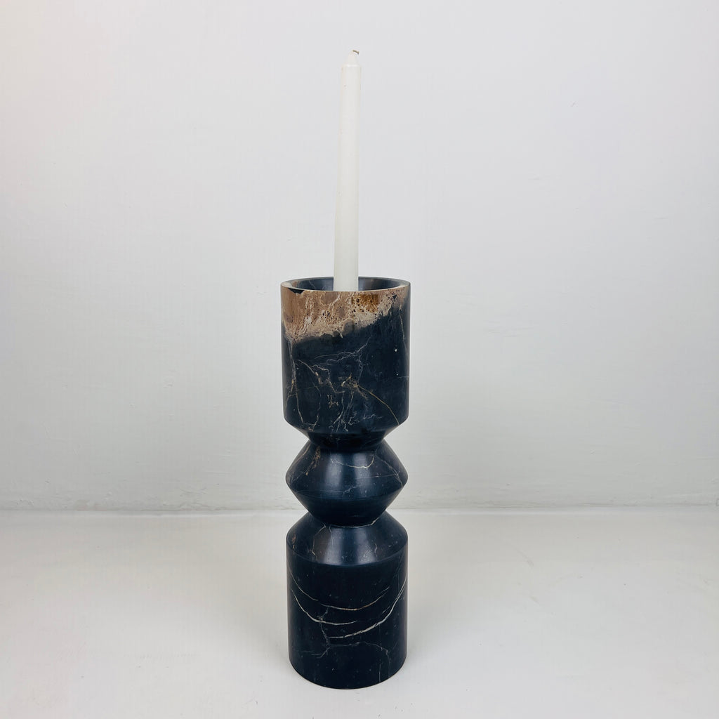 Bulged Disc Black Marked Marble Candle Stand