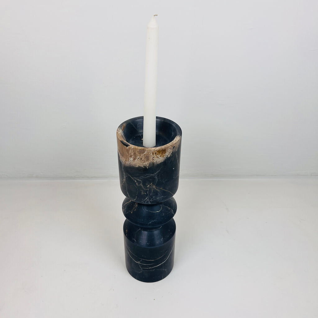 Bulged Disc Black Marked Marble Candle Stand