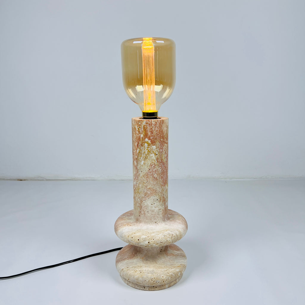 Red And Beige Double Ringed Bottom Travertine Table Lamp