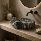 White Lined Black River Stone Sink
