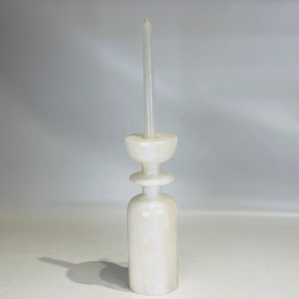 Ringed Bottle White Onyx Marble Candle Stand