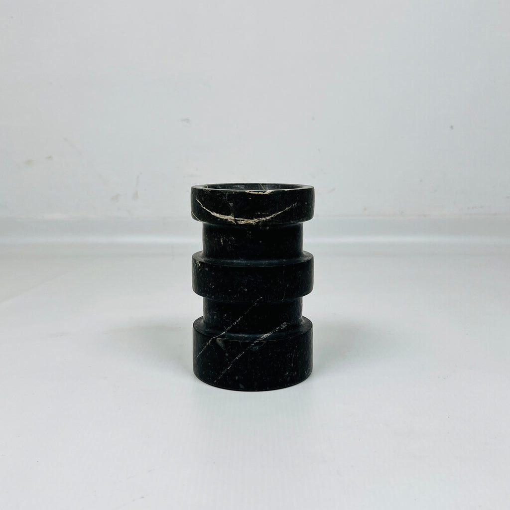 Banded Cylindrical Black Marble Candle Stand