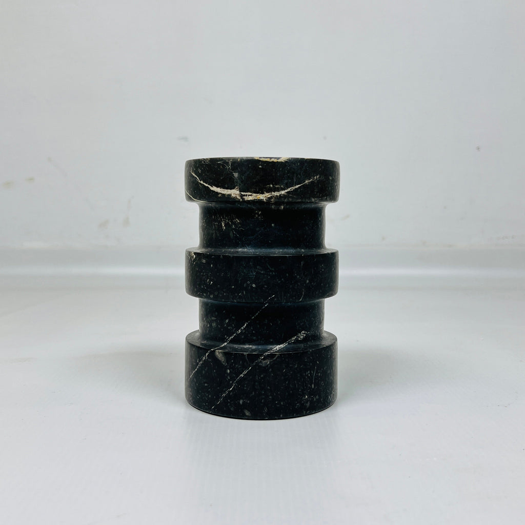 Banded Cylindrical Black Marble Candle Stand